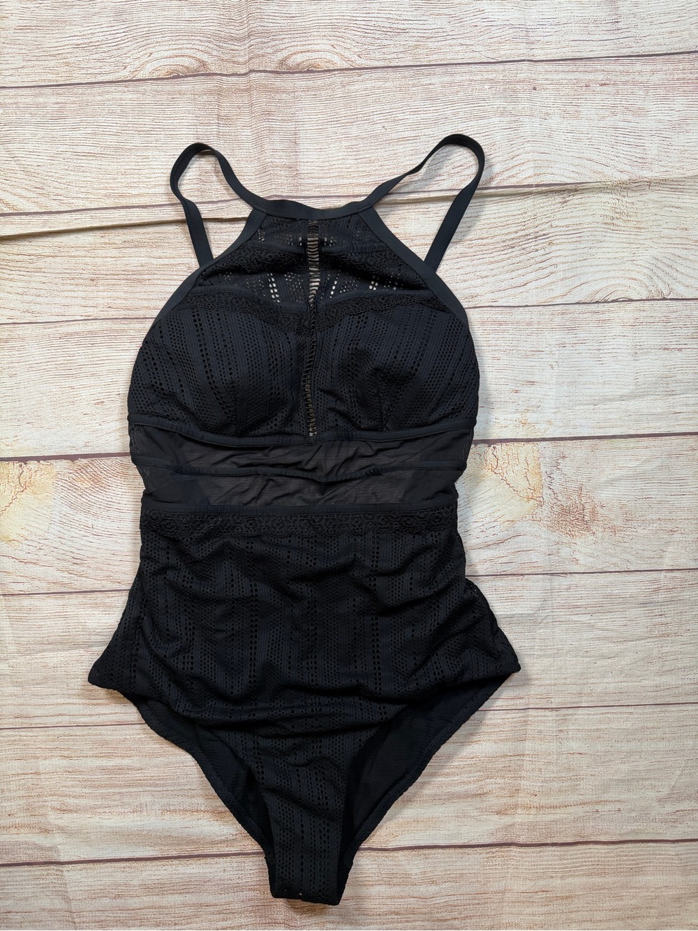Sleek‎ Black High-Neck One-Piece Swimsuit with Mesh Accents
